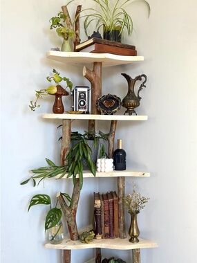 ✨🪾Handmade plant fairy decor shelf - 5 tiered corner Shelf - raw Natural wood